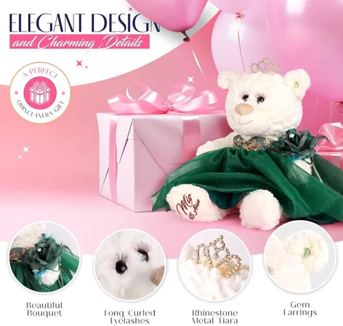 Vista 5 de KINNEX COLLECTIONS SINCE 1997 Centro de mesa grande de 20.0 in de oso de peluche de quinceañera, vestido elegante, regalo de recuerdo de gran