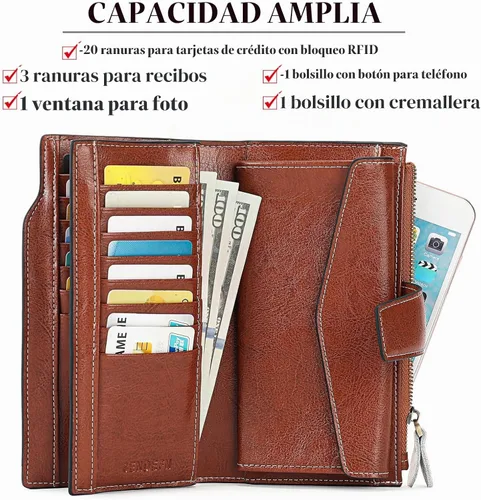 Vista 3 de SENDEFN - Carteras de cuero para mujer, con bloqueo de identificación por radio frecuencia (RFID), tarjetero con monedero, cartera de mano