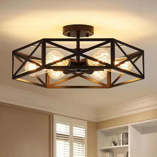 Vista 12 de Lámpara de Techo Moderna de Granja Negra y Dorada, Lámpara de Techo Industrial Semiempotrada, Accesorios de Iluminación Hexagonal para Pasillo