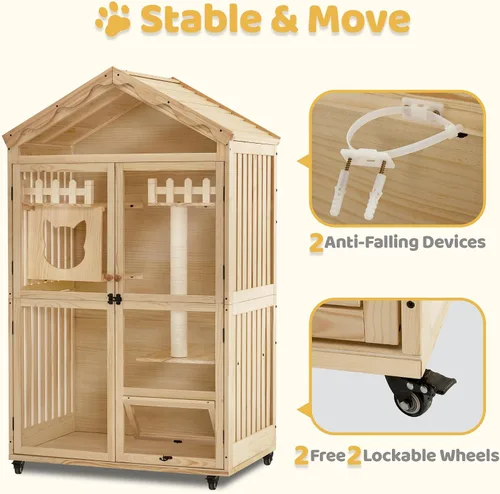 Vista 6 de MCombo Casa de madera para gatos de interior, condominio para gatos con entrada, jaula de gatito Catio con puertas y ruedas bloqueables, CT291