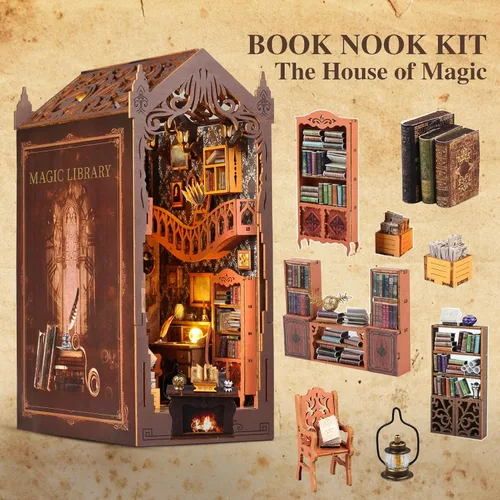 Vista 7 de Kit de rincón de libros, kit de casa en miniatura para bricolaje, casa de muñecas con cubierta antipolvo y luz LED, rompecabezas de sujetalibros