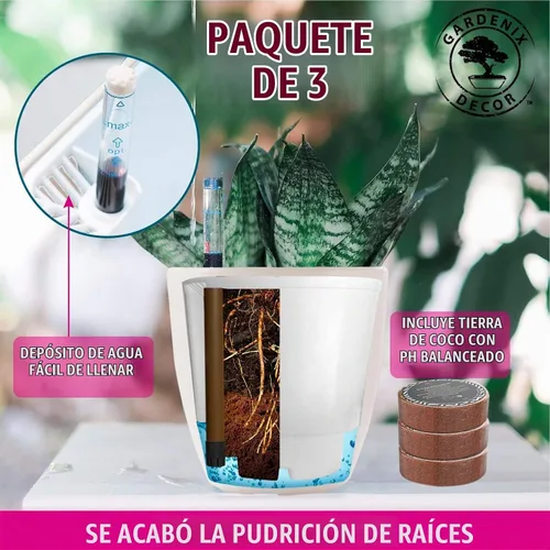 Vista 3 de GARDENIX DECOR Macetas de Riego Automático para Plantas de Interior, Pack de 3 - Maceta con Indicador de Nivel de Agua para Plantas, Herramienta