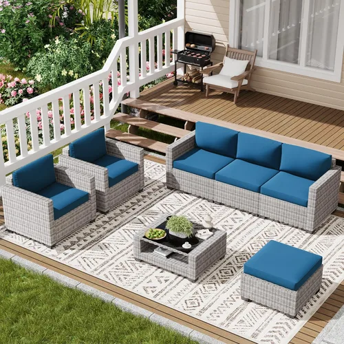 Vista 22 de Juego de 7 muebles de patio al aire libre, sofá seccional al aire libre, muebles de mimbre para patio, juego de conversación de patio con mesa