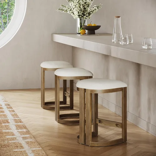 Vista 17 de Nathan James Barker Taburete de bar de altura de mostrador de madera maciza con cojín tapizado, taburete de isla sin respaldo con patas de madera