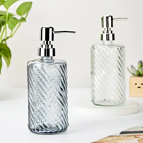 Vista 5 de Dispensador de jabón de vidrio de 16 onzas con bomba de agua de color plateado, diseño de diamante, dispensador de jabón de baño para jabón