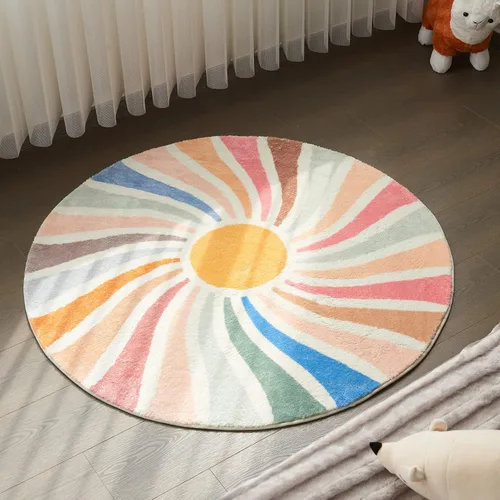 Vista 8 de Topotdor Alfombra redonda con diseño de arco iris, colorida alfombra bohemia para niños, ultra suave, lavable, para habitación de bebé, dormitorio