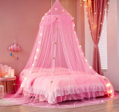 Vista 3 de Dosel de Cama para Niñas con Luces de Estrellas, Cortinas de Dosel de Cama de Princesa con Mosquitero de Estrella Dorada para Decoración de Rosa