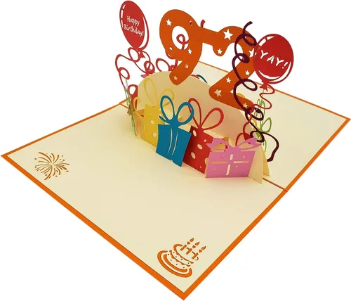 Vista 6 de iGifts And Cards Tarjeta desplegable 3D de cumpleaños 92, regalos coloridos y celebración de hitos de globos, saludo sincero para personas mayores