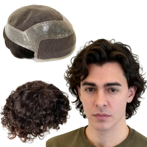 Vista 7 de Toupee - Pelucas de cabello humano para hombre, tupé europeo virgen, unidades de cabello humano ondulado, peluca para hombre, sistema de reemplazo