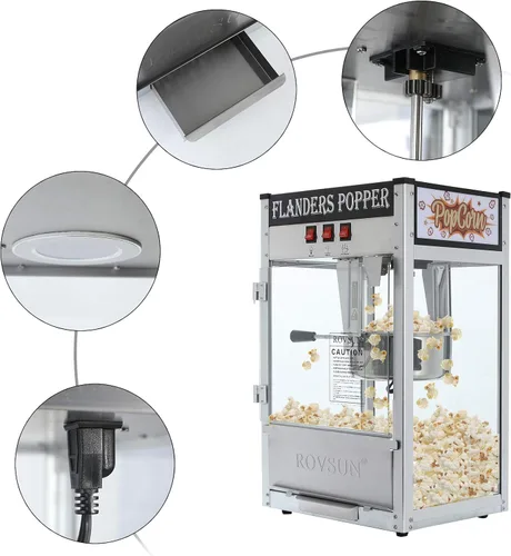 Vista 2 de LEADZM Máquina para hacer palomitas de maíz de alta calidad de 8 onzas con cuerpo de acero inoxidable y vidrio templado grueso, estilo retro de cine