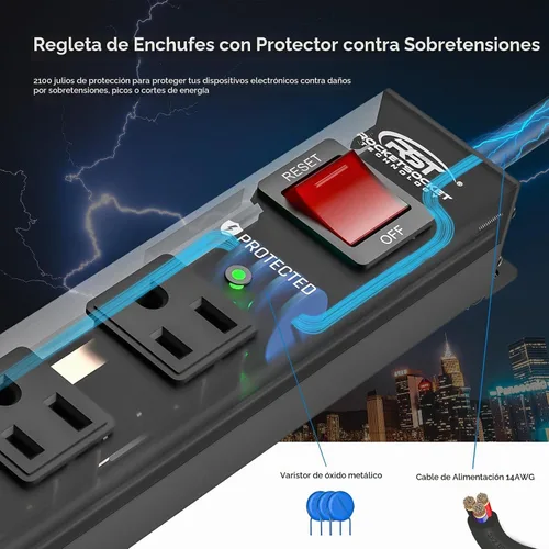 Vista 4 de CRST Regleta de alimentación larga de metal de 12 salidas, Protector contra sobretensiones resistente montable, 2100J, espaciado amplio, cable de 6