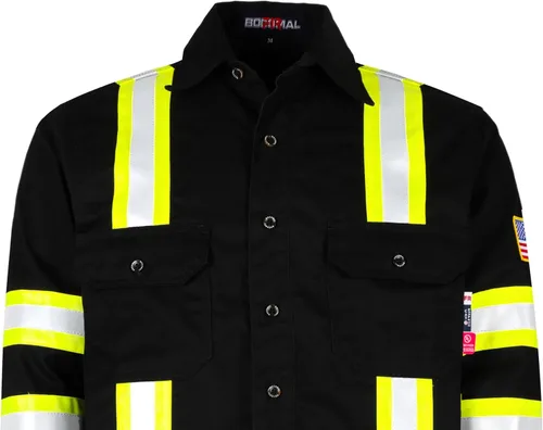 Vista 4 de BOCOMAL Camisas FR de alta visibilidad con botones de 7.5 onzas ANSI/ISEA tipo O Class1 resistente al fuego Hi Vis Refective Safety Jacket Negro
