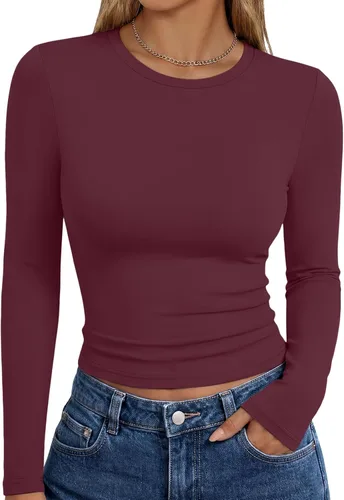 Vista 40 de Trendy Queen Camisetas de manga larga para mujer, camisetas básicas de Verde militar