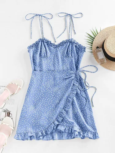 Vista 2 de ZAFUL Vestidos sin mangas con lazo en el hombro para mujer, con volantes, floral, tirantes delgados, vestido corto casual