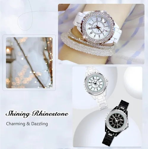 Vista 3 de RORIOS Relojes de diamantes para mujer, con correa de cerámica, analógico de cuarzo, impermeables, para mujeres y niñas
