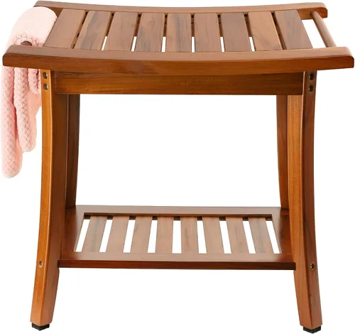 Vista 7 de Utoplike Banco de ducha de bambú con almacenamiento, taburete de ducha de madera con asas, asiento de baño para toallas, spa, ducha