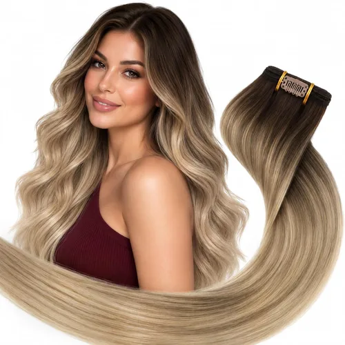 Vista 21 de Ve Sunny Extensiones de cabello humano real con clip balayage, color marrón castaño degradado a rubio, 12 pulgadas, 5 unidades, 2.82 onzas