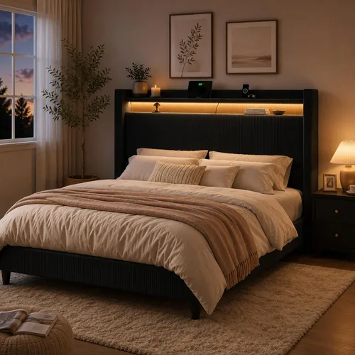 Vista 7 de Base de cama tamaño Queen con cabecera de 55.3 pulgadas de alto, tapizada