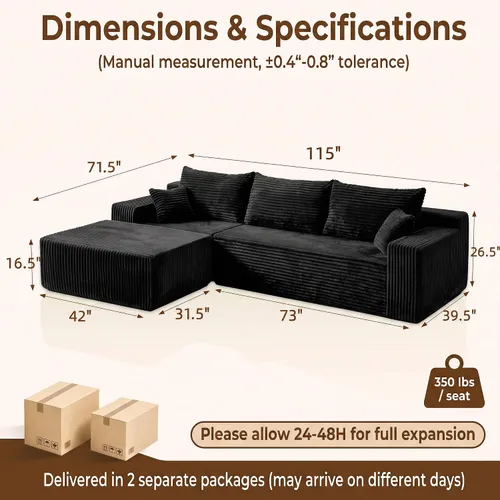 Vista 3 de Sofá modular modular en forma de L de 115 pulgadas con diván, sofá deshuesado con asiento profundo y otomana extraíble, cómodo sofá nube de pana