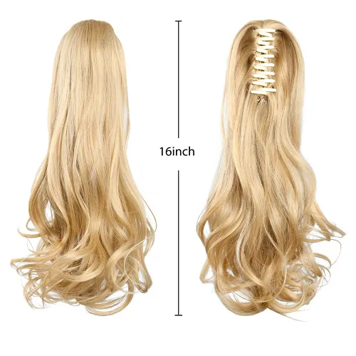 Vista 2 de Extensiones de pinza de cabello rubio, extensiones de cola de caballo para mujer, extensiones de cabello rizado de 16 pulgadas, extensiones