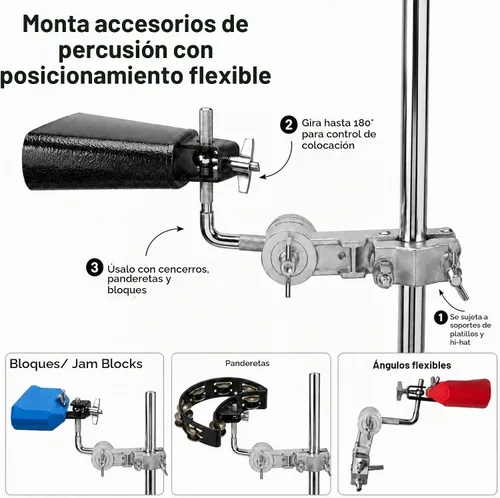 Vista 4 de ROSS Percussion - Abrazadera universal de montaje para cencerro con barra en L ajustable