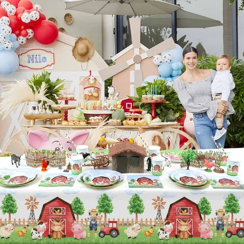 Vista 3 de Mantel rectangular de plástico de 3 piezas de 54 x 108 pulgadas, suministros de fiesta de cumpleaños de granero, decoración para baby shower, niños