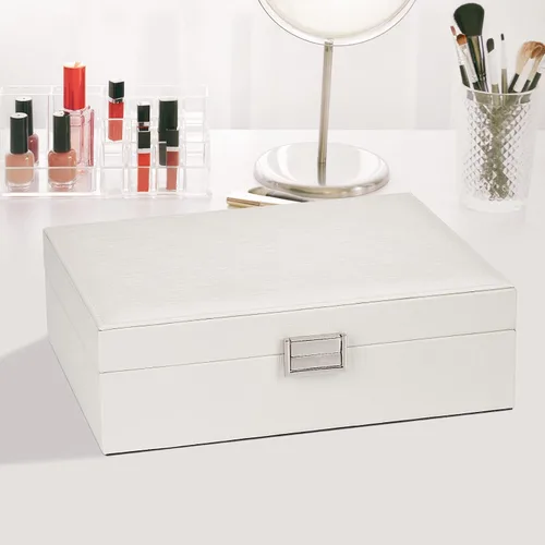 Vista 4 de Caja organizadora de joyas para niñas y mujeres, estuche de viaje grande de doble capa con caja de regalocolor blanco