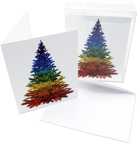Vista 2 de Small World Greetings Tarjetas de árbol de Navidad de arco iris, 12 unidades, interior en blanco con sobres, tamaño A2 (5.5 x 4.25 pulgadas)