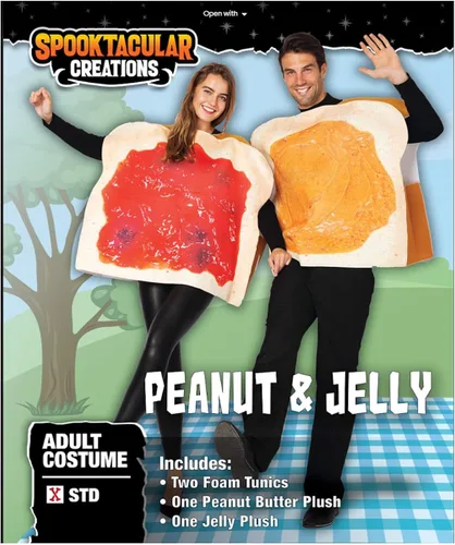 Vista 2 de Disfraz de mantequilla de maní y gelatina PBJ para parejas adultas con una felpa de mantequilla de maní y una felpa de gelatina para Halloween