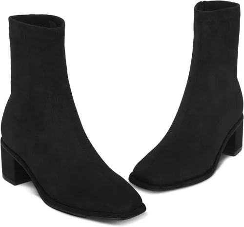 Vista 8 de Women's Ankle Boots & Booties, BEST TRENDY Sock Booties Square Toe Boots Side Zipper Square Toe Mid Chunky Heel Elastic Booties for women