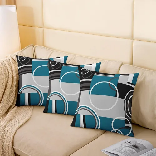 Vista 4 de Juego de 4 fundas de almohada geométricas modernas de turquesa con rayas en gris, negro y azul, cojines decorativos con espirales circulares retro