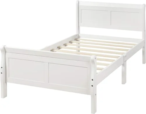 Vista 4 de Knocbel Base de cama de plataforma de madera con cabecera y estribo de trineo, capacidad de 200 libras, tamaño individual (blanco)