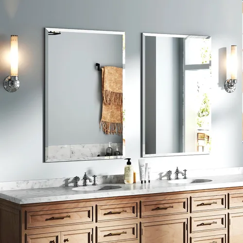 Vista 11 de Juego de 2 espejos sin marco de 18 x 36 pulgadas, espejo de pared de baño con borde biselado, moderno espejo biselado para sala de estar, comedor