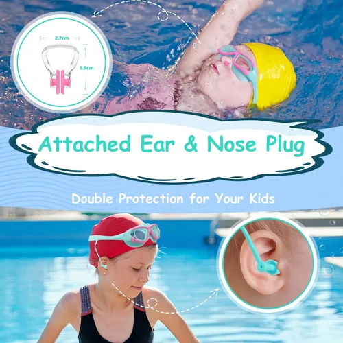 Vista 6 de Vvinca Gafas de natación para niños de 3 a 12 años, diseño mejorado 2024 con tapón para la oreja y la nariz, visión amplia, antivaho sin fugas