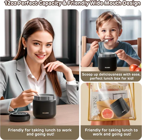 Vista 5 de JSCARES Frascos de Comida Aislados para Niños de 12oz para Comida Caliente, Frasco Térmico de Comida de Sopa de Boca Ancha Contenedor Térmico