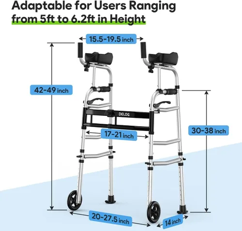 Vista 3 de Delog Andador plegable para personas mayores, andador de plataforma con ruedas de 5 pulgadas y reposabrazos acolchados extraíbles de 350 libras