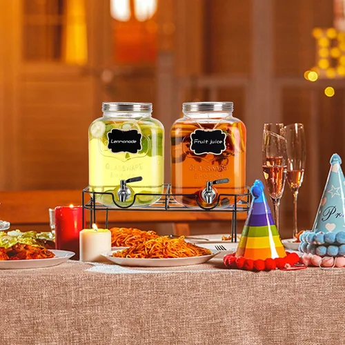 Vista 7 de Dispensador de bebidas de vidrio de 1.6 galones, 2 piezas dispensador de bebidas con soporte, dispensador de limonada con grifo de acero inoxidable
