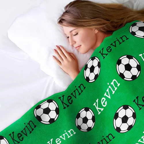 Vista 3 de Manta de fútbol personalizada con nombre, mantas personalizadas suaves para deportes de fútbol, mantas de cama verde, regalo personalizado