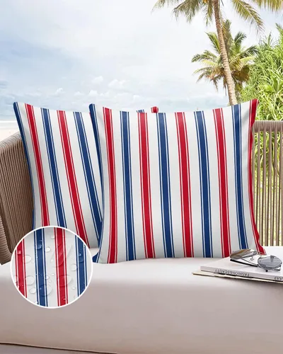 Vista 6 de Juego de 2 fundas de almohada impermeables para sofá, fundas de almohada decorativas de líneas rojas y azules a rayas de 18 x 18 pulgadas