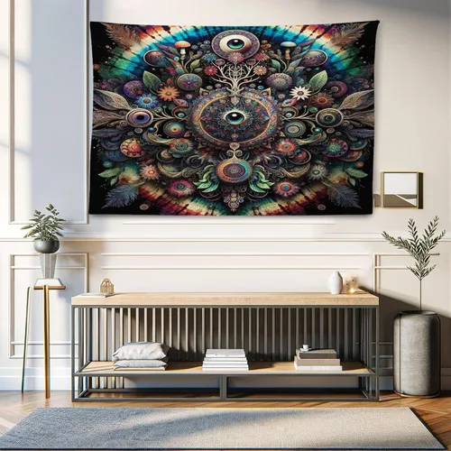 Vista 185 de Ambesonne Tapiz Trippy, vista panorámica de la cascada con bosques de ensueño y mandala oriental psicodélico, decoración de tela para colgar