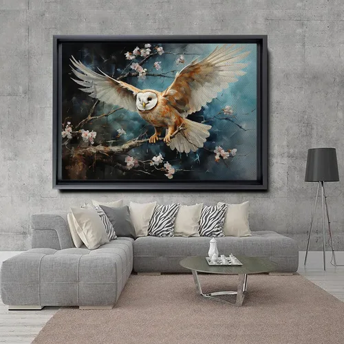 Vista 3 de Flying owl with trees, leaves, forest double exposure, nature animal, owl illusion art, wrapped framed canvas print, office wall art