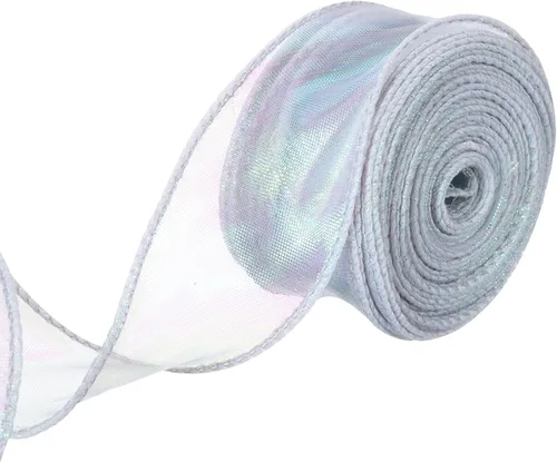 Vista 78 de MECCANIXITY - Cinta de organza con cable de 1 1/2" de ancho, brillante, transparente, con brillo irisado en tonos pastel, cinta de gasa para Beige