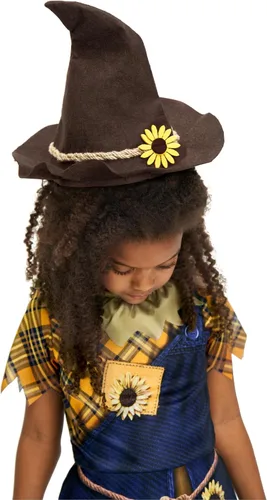 Vista 3 de Disfraz de espantapájaros para niñas, vestido de retazos, sombrero, falda con dobladillos dentados para niños, fiesta de Halloween, juego de rol