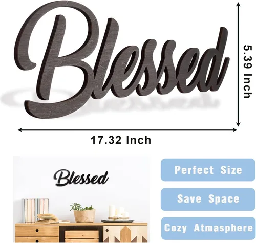 Vista 3 de Letrero de madera bendecido para decoración del hogar, decoración de palabra de madera recortada, letrero de letras de escritura de mesa Blessed