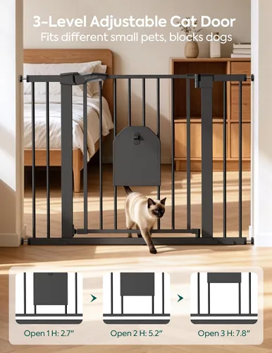 Vista 2 de Babelio - Puerta de seguridad con cierre automático para bebés con puerta para gatos, puerta de metal de 73-109 cm para puertas, escaleras, casa