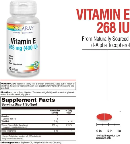 Vista 3 de SOLARAY Vitamina E d-alfa tocoferol 268mg (400 UI) Salud del corazón y la piel, apoyo de la actividad antioxidante (50 CT)