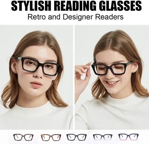 Vista 3 de JiSoo Anteojos de lectura de marco grande con bloqueo de luz azul para mujeres y hombres, lectores de luz azul de moda 1.0 elegantes, color negro