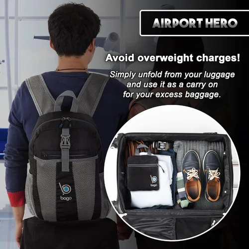 Vista 4 de Bago Mochila liviana Mochila plegable impermeable para viajes y deportes. Mochila plegable y que se puede guardar en una funda para adultos, hombres