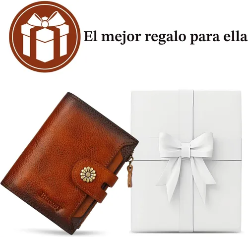 Vista 7 de Billetera para mujeres, billetera de cuero plegable de dos pliegues para mujeres con bloqueo RFID, compacta, tarjetero pequeño con ventana