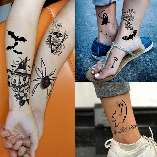 Vista 7 de 52 hojas de tatuajes temporales de Halloween para niños, niñas, mujeres, hombres, adultos, 3D de cara aterradora, calavera, tatuajes falsos
